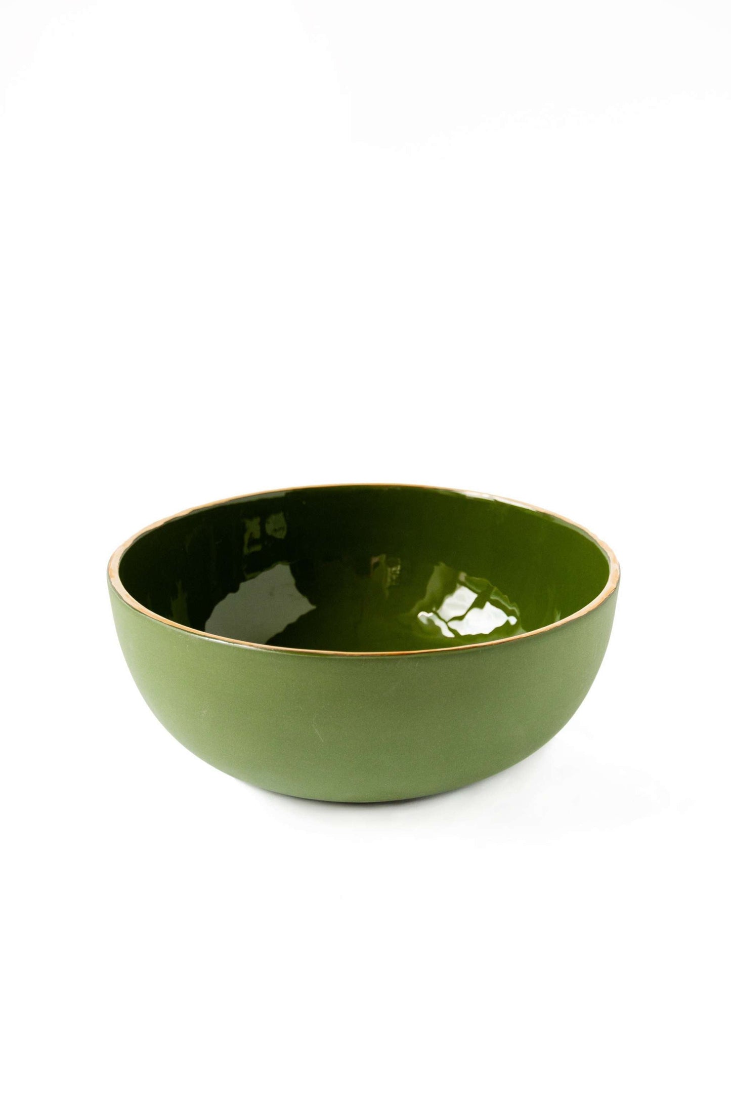 Handmade Porcelain Salad Bowl with Gold Rim. Green