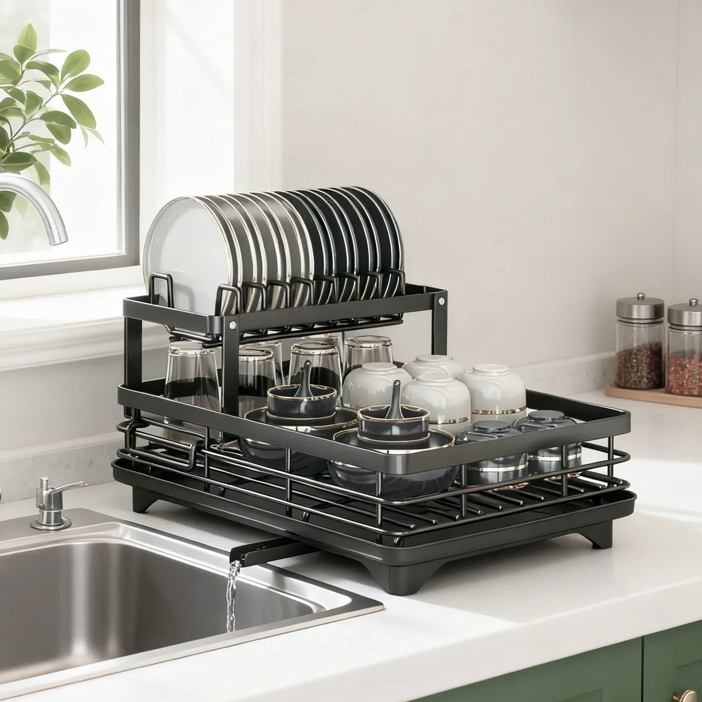 2-layer dish drain rack is suitable for kitchen countertop metal dish drain rack with knife cup tableware rack with drain, glass