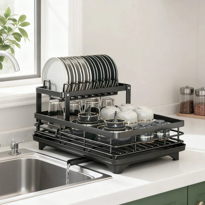 2-layer dish drain rack is suitable for kitchen countertop metal dish drain rack with knife cup tableware rack with drain, glass