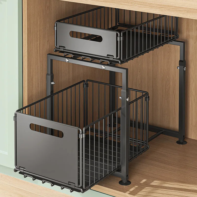 2 Tier Slide Out Cabinet Organizer Heavy Duty, Under Sink Storage Shelf for Kitchen Bathroom, Adjustable Metal Shelf 1/2 Pack