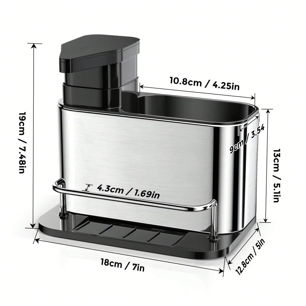 3-in-1 Kitchen Stainless Steel Tableware Soap Dispenser, Sponge Holder, Sink Organizer Drain Rack, Suitable for Kitchen Sinks