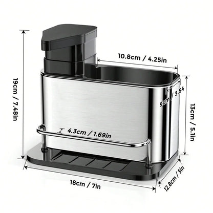 3-in-1 Kitchen Stainless Steel Tableware Soap Dispenser, Sponge Holder, Sink Organizer Drain Rack, Suitable for Kitchen Sinks