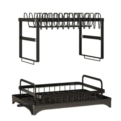 2-Tier Rotating Dish Drying Rack – 360° Swivel Drainboard with Utensil Holder, No-Drill Metal Kitchen Organizer
