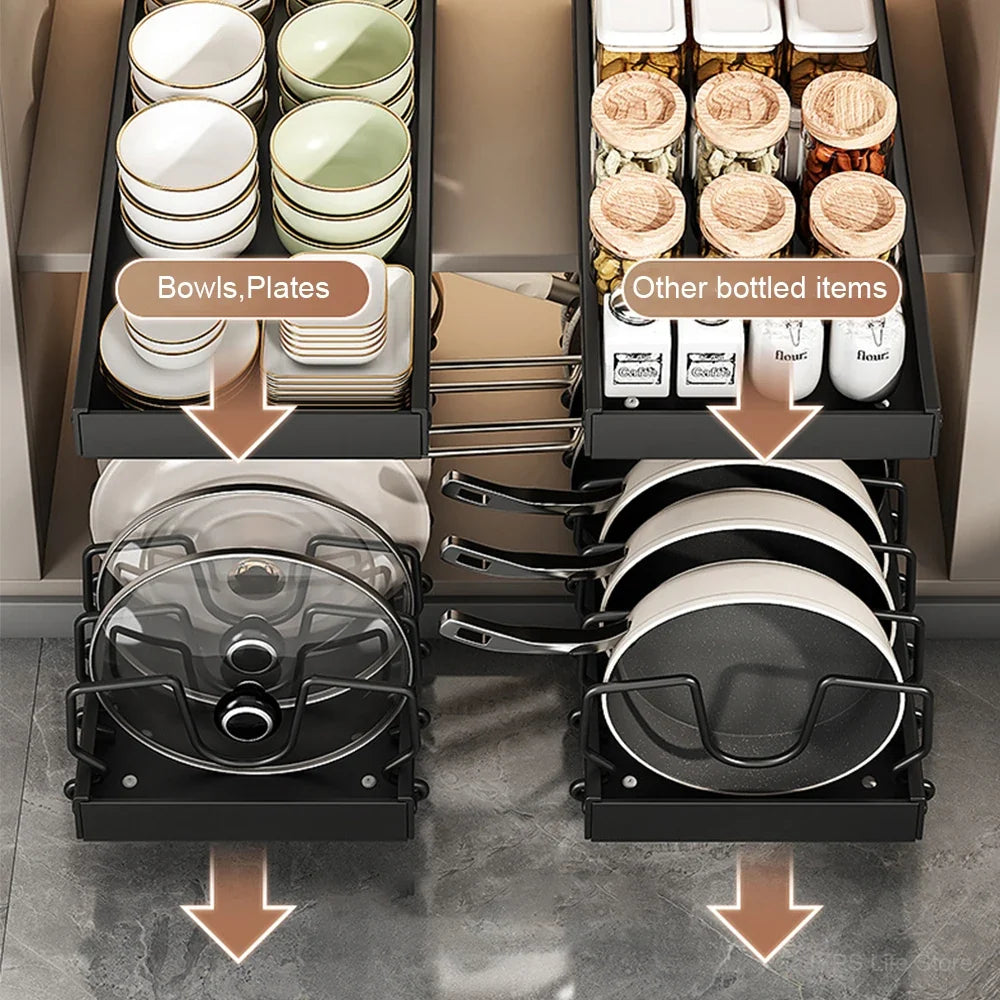 Pull out Pots and Pans Organizer Sliding Pot Lid Holder Kitchen Spice Rack Tableware Organizer Multifunctional Dish Drying Racks