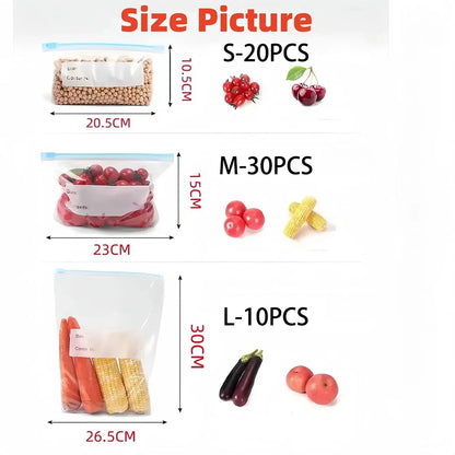 Reusable Food Storage Bags with Zipper, Leak-Proof & Airtight Kitchen Freshness Bags ,Refrigerator Fresh Wrap