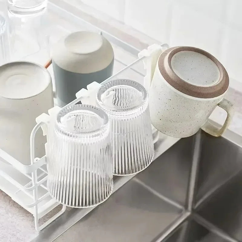 Adjustable Length Plastic Cup Holder Sink Dish Rack - Kitchen Bathroom Organizer for Cup Mug Bottle Drying Drainer Space Saver