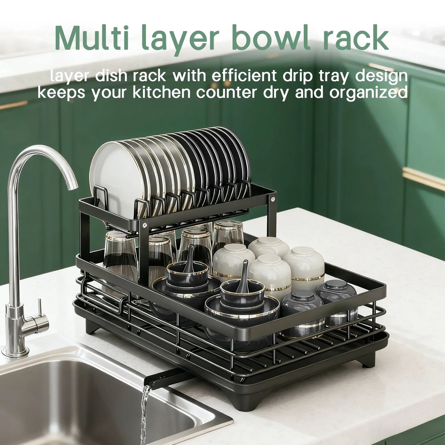 2-layer dish drain rack is suitable for kitchen countertop metal dish drain rack with knife cup tableware rack with drain, glass