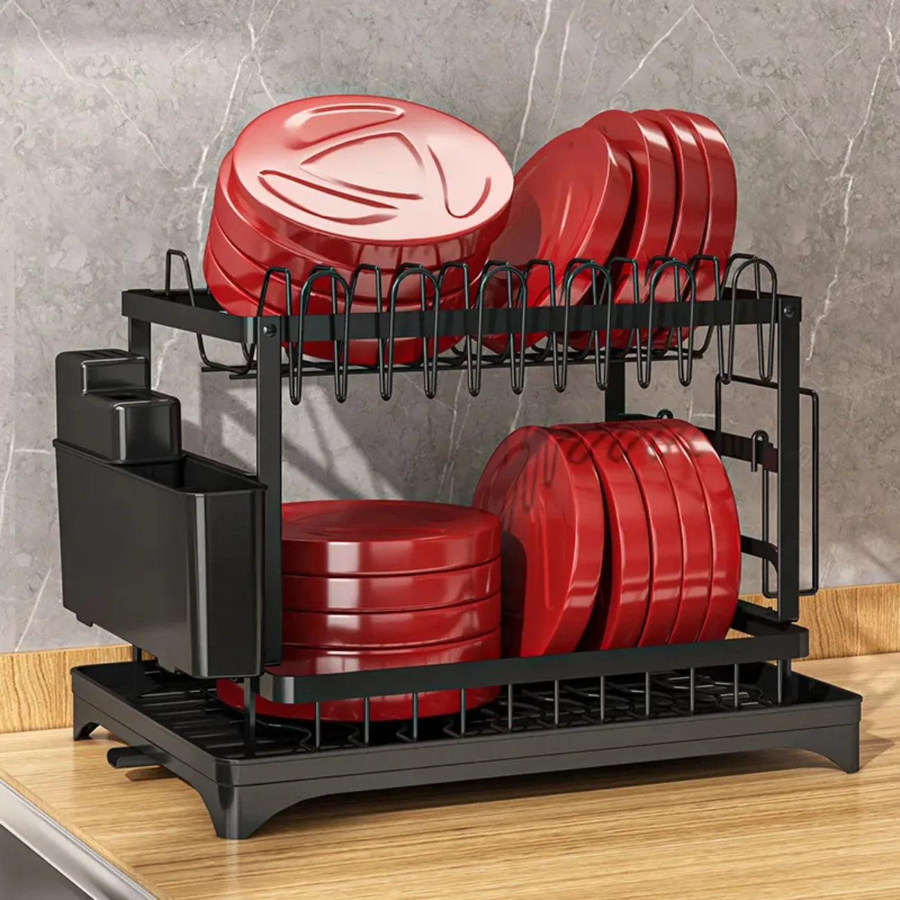 2-Tier Rotating Dish Drying Rack – 360° Swivel Drainboard with Utensil Holder, No-Drill Metal Kitchen Organizer