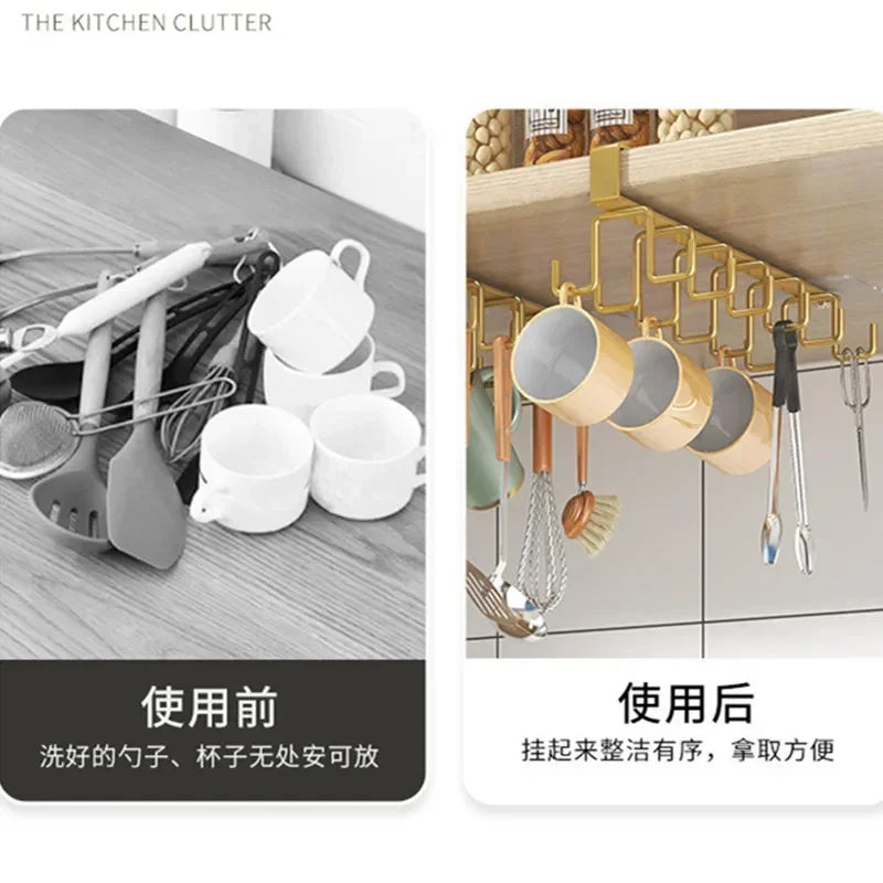 Punch-free Double-row Hooks Kitchen Cupboard Under Shelf Mug Cup Hanger Hook Iron Hanging Rack Holder Kitchen Cabinet Organizer