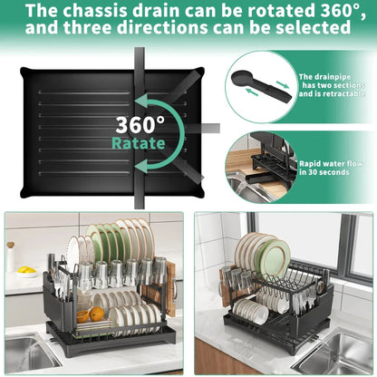 2-Tier Rotating Dish Drying Rack – 360° Swivel Drainboard with Utensil Holder, No-Drill Metal Kitchen Organizer