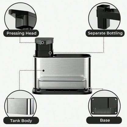 3-in-1 Kitchen Stainless Steel Tableware Soap Dispenser, Sponge Holder, Sink Organizer Drain Rack, Suitable for Kitchen Sinks