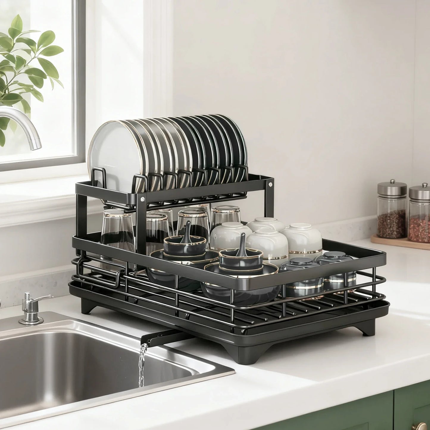 2-layer dish drain rack is suitable for kitchen countertop metal dish drain rack with knife cup tableware rack with drain, glass