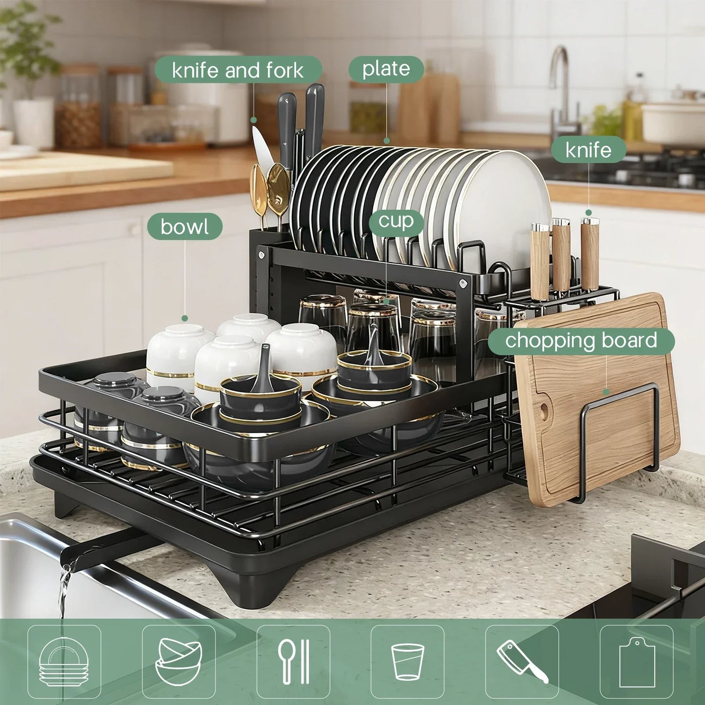 2-layer dish drain rack is suitable for kitchen countertop metal dish drain rack with knife cup tableware rack with drain, glass