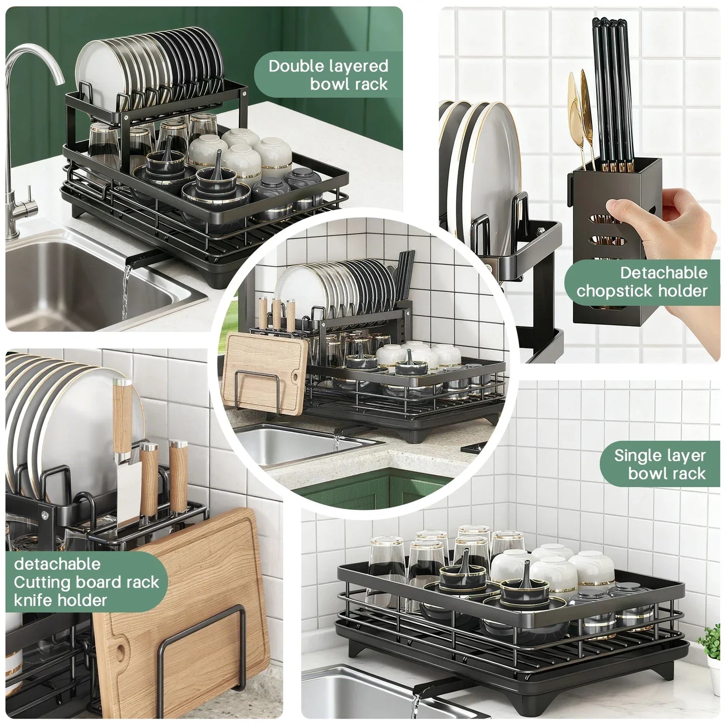 2-layer dish drain rack is suitable for kitchen countertop metal dish drain rack with knife cup tableware rack with drain, glass