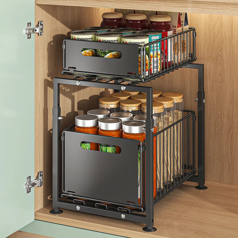 2 Tier Slide Out Cabinet Organizer Heavy Duty, Under Sink Storage Shelf for Kitchen Bathroom, Adjustable Metal Shelf 1/2 Pack