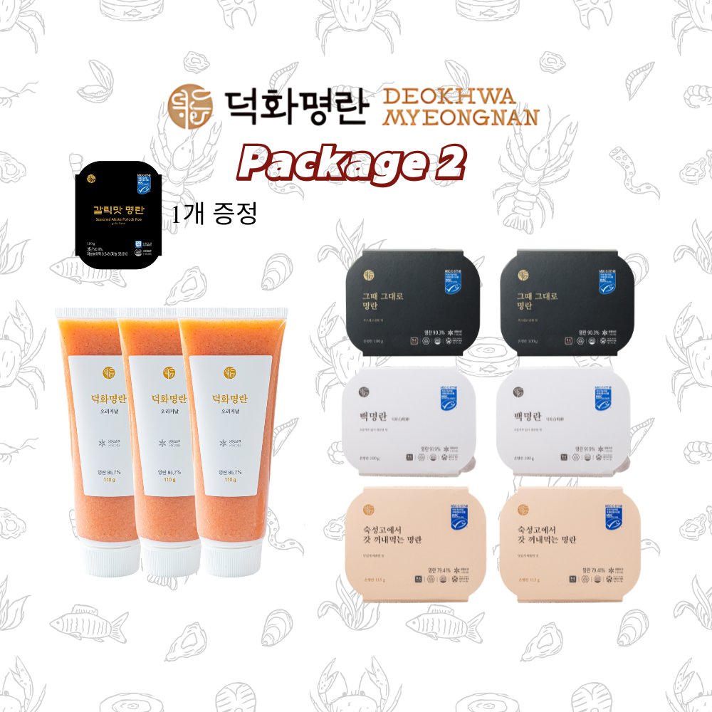 Package 2: Deokhwa Pollack Roe  덕화명란 세일 - 튜브 명란 3개 + 시그니처 6개 +사은품 맛 명란 (무작위)