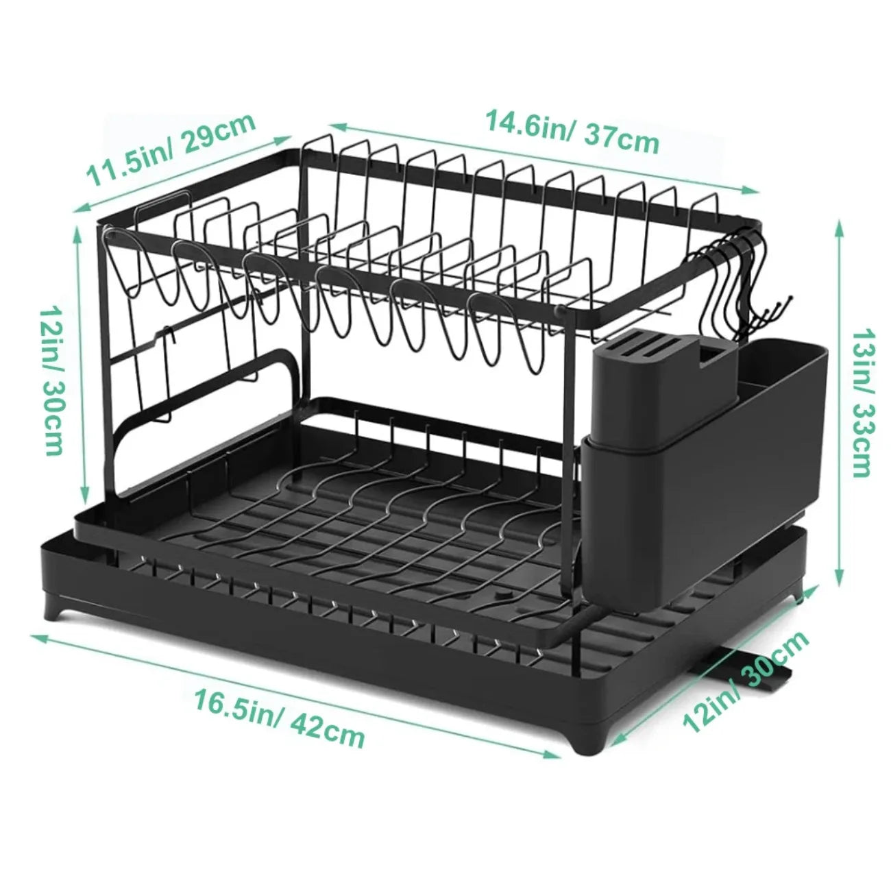 2-Tier Rotating Dish Drying Rack – 360° Swivel Drainboard with Utensil Holder, No-Drill Metal Kitchen Organizer