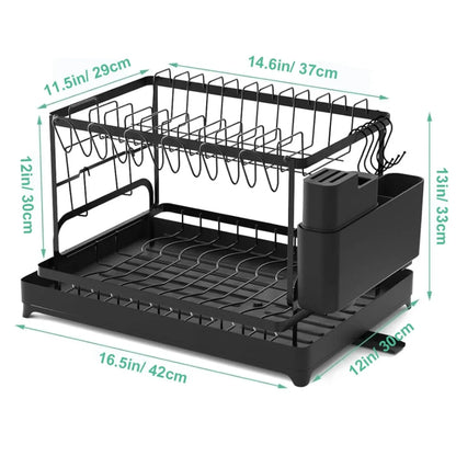 2-Tier Rotating Dish Drying Rack – 360° Swivel Drainboard with Utensil Holder, No-Drill Metal Kitchen Organizer