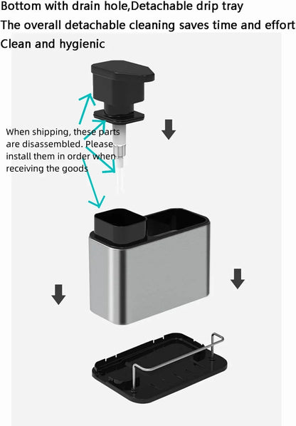 3-in-1 Kitchen Stainless Steel Tableware Soap Dispenser, Sponge Holder, Sink Organizer Drain Rack, Suitable for Kitchen Sinks