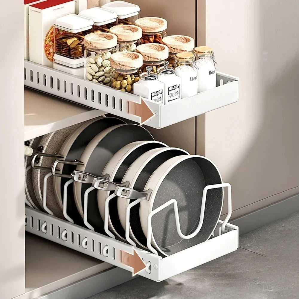 Pull out Pots and Pans Organizer Sliding Pot Lid Holder Kitchen Spice Rack Tableware Organizer Multifunctional Dish Drying Racks