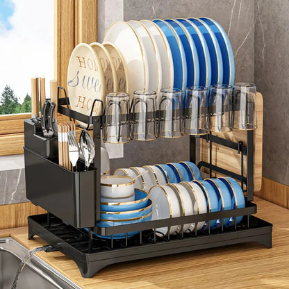 2-Tier Rotating Dish Drying Rack – 360° Swivel Drainboard with Utensil Holder, No-Drill Metal Kitchen Organizer
