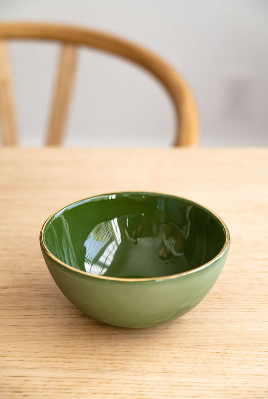 Handmade Porcelain Bowl with Gold Rim. Green - MEALTONES