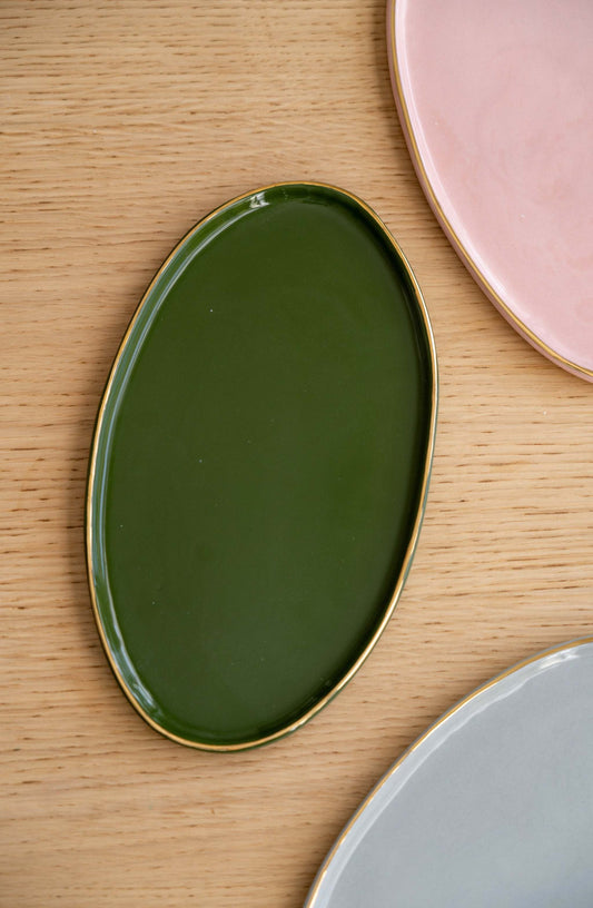 Porcelain Oval Serving Platter with Gold Rim. Green - MEALTONES