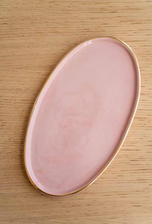 Handmade Oval Porcelain Serving Platter with Gold Rim. Powder Pink - MEALTONES