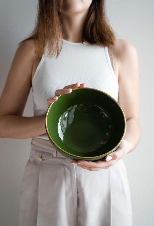 Handmade Porcelain Salad Bowl with Gold Rim. Green - MEALTONES