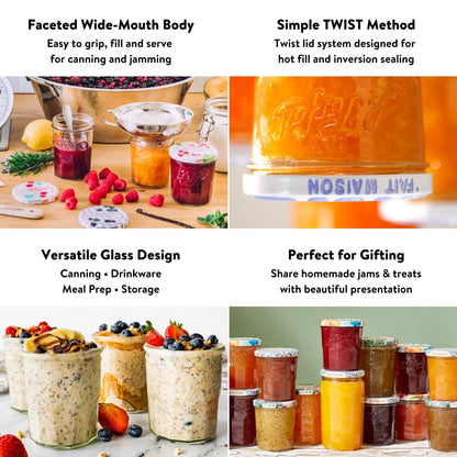 Le Parfait Jam Pots, French Glass Pots with Snap-On Covers for Jam and Jelly