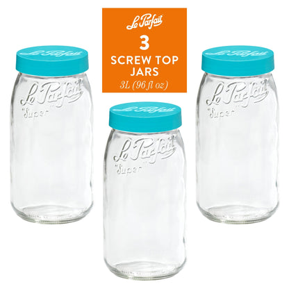 Le Parfait Screw Top Jars, French Glass Storage Jars with Colorful Airtight Screw Lids