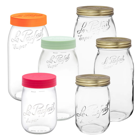 Le Parfait Screw Top Jars, French Glass Storage Jars with Colorful Airtight Screw Lids