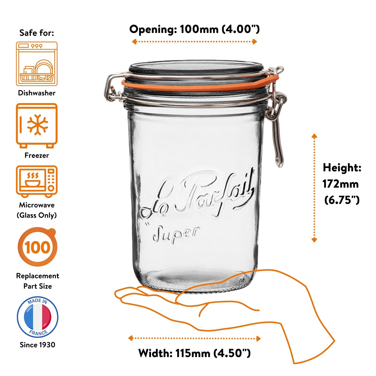 Le Parfait Super Terrines, French Glass Canning Jars with Wire-Bail Clamp Lid