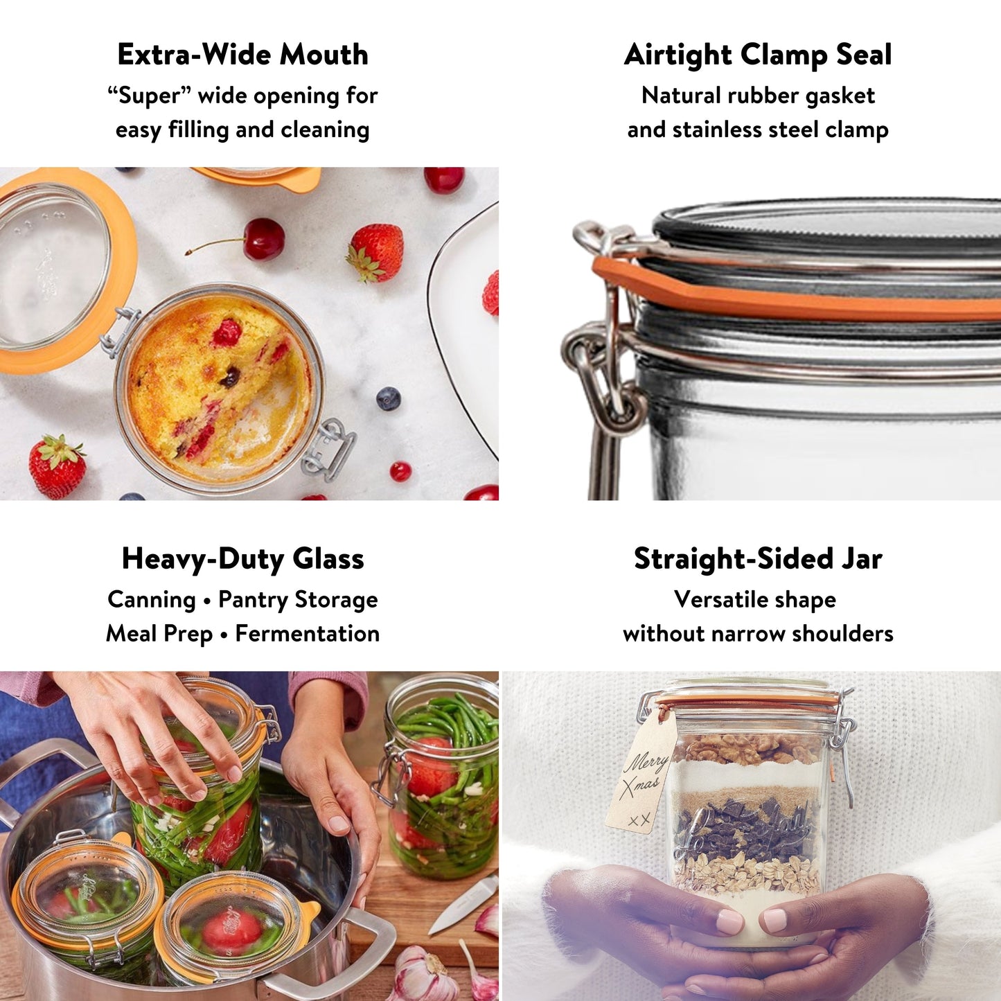 Le Parfait Super Terrines, French Glass Canning Jars with Wire-Bail Clamp Lid