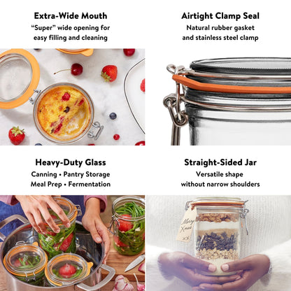 Le Parfait Super Terrines, French Glass Canning Jars with Wire-Bail Clamp Lid