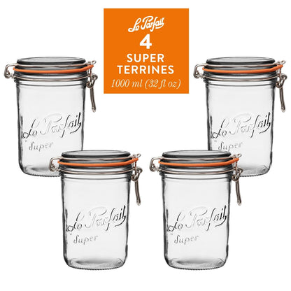 Le Parfait Super Terrines, French Glass Canning Jars with Wire-Bail Clamp Lid