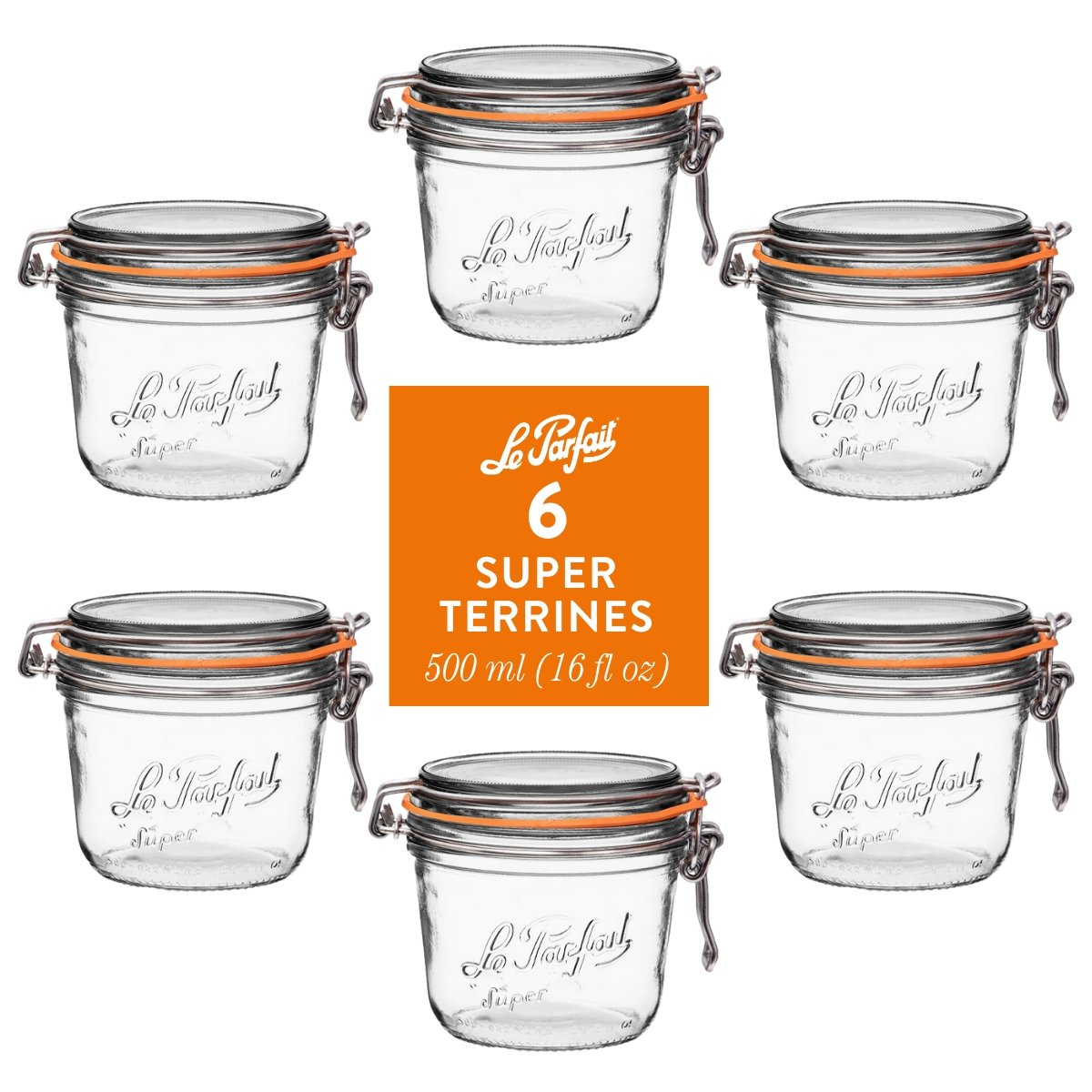 Le Parfait Super Terrines, French Glass Canning Jars with Wire-Bail Clamp Lid