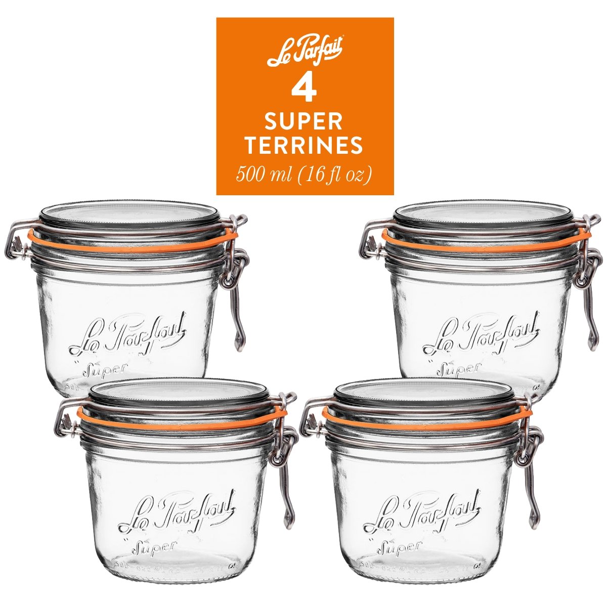 Le Parfait Super Terrines, French Glass Canning Jars with Wire-Bail Clamp Lid