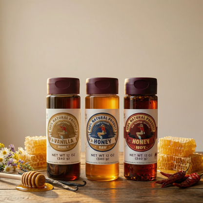 Honey Trio 3-Pack Gift Set - Raw, Hot & Vanilla Honey | Small Batch Farm Grown | Lady May
